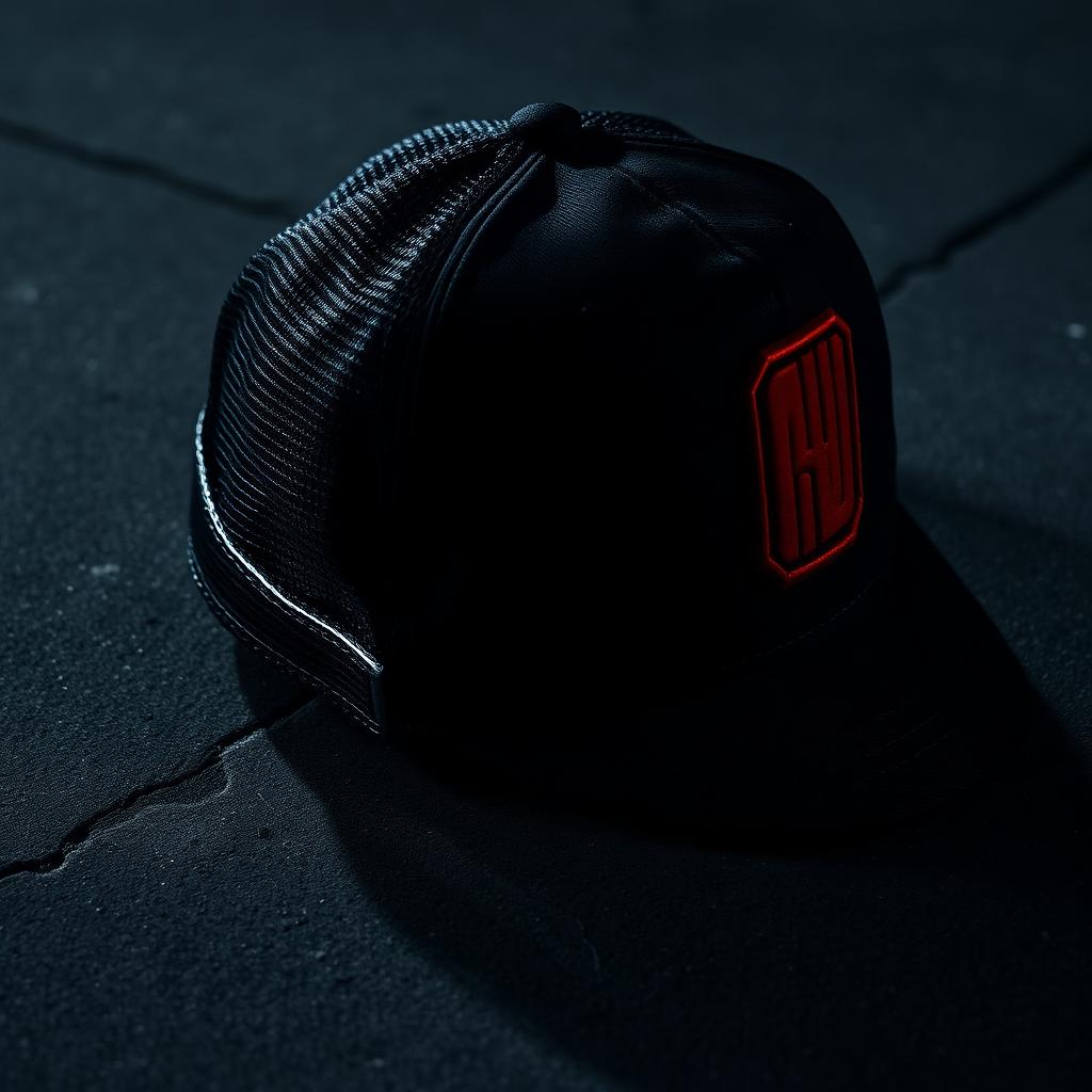 Black mesh-back trucker cap with red embroidered patch
