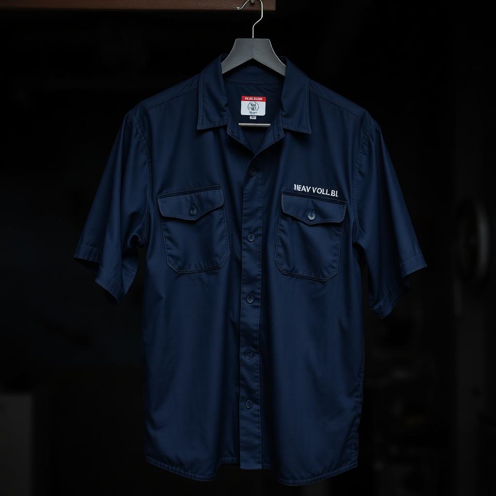 Navy button-front mechanic work shirt hanging in the garage
