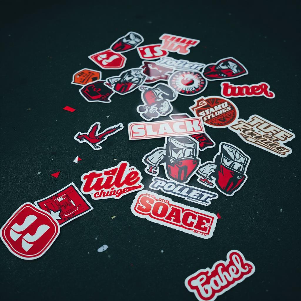 Scattered red and white McNeil Farm vinyl stickers
