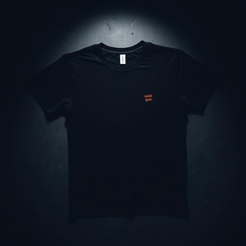 Black McNeil Farm logo tee laid flat on dark concrete